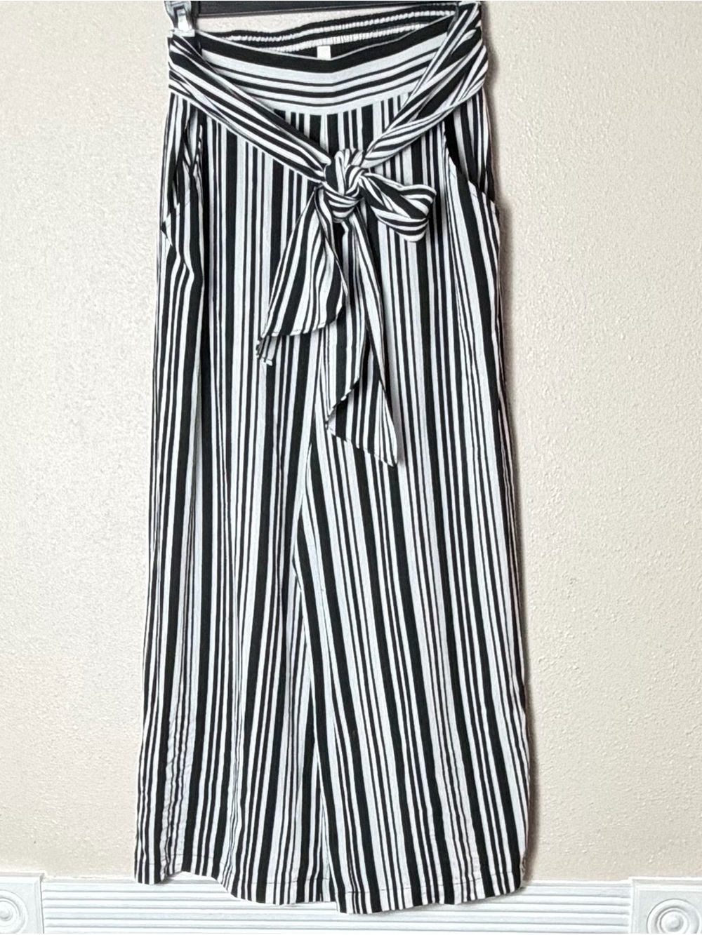 Max Studio Black & White Vertical Stripe Wide-Leg Jumpsuit with Tie Waist